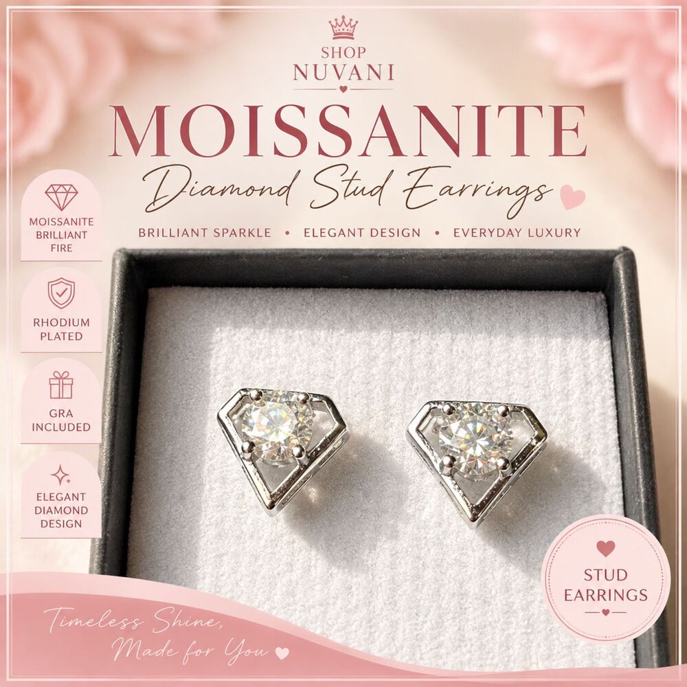 ✨Moissanite Diamond-Shaped Stud Earrings | Rhodium Plated | GRA Documentation✨